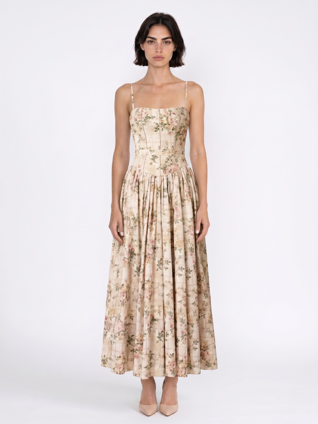 Sage floral spaghetti-strap midi dress with gathered skirt — back view