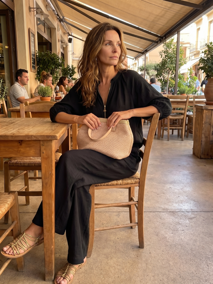 Natalia zip-front blouson top and wide-leg trouser two-piece set — styled view