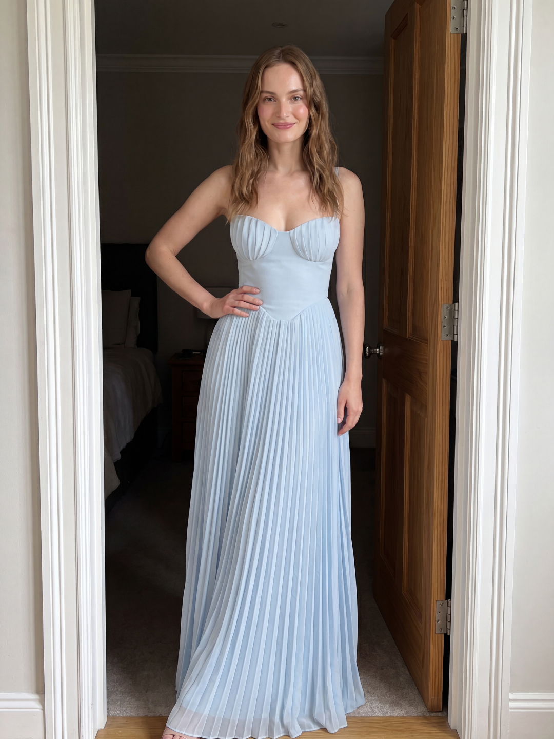 Zinnia strapless pleated maxi dress with shell corset bodice in Light Blue — back view