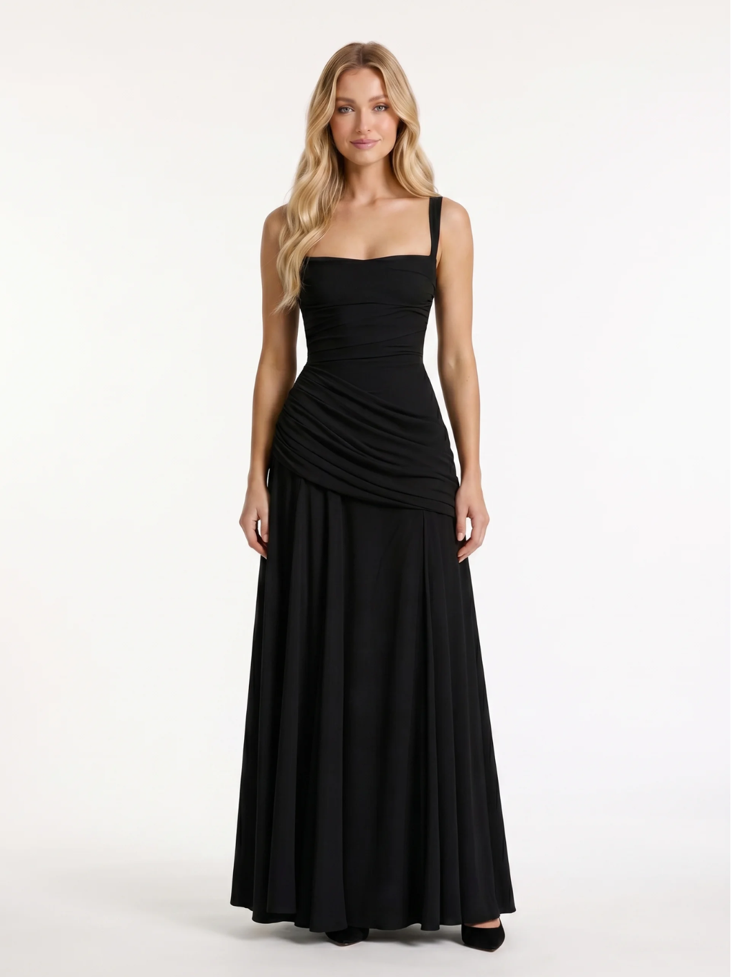 Zara square-neck ruched maxi dress with draped waist — side view