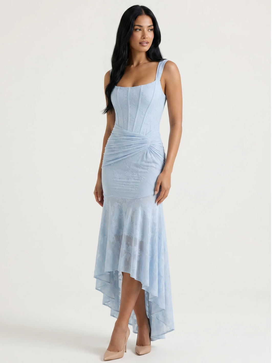 Paige corset bodice ruched high-low midi dress — side view