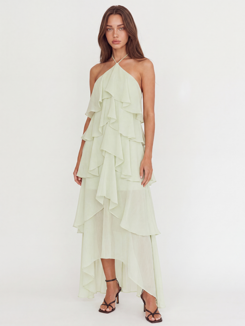 Nia halterneck tiered ruffle maxi dress in light green — front view