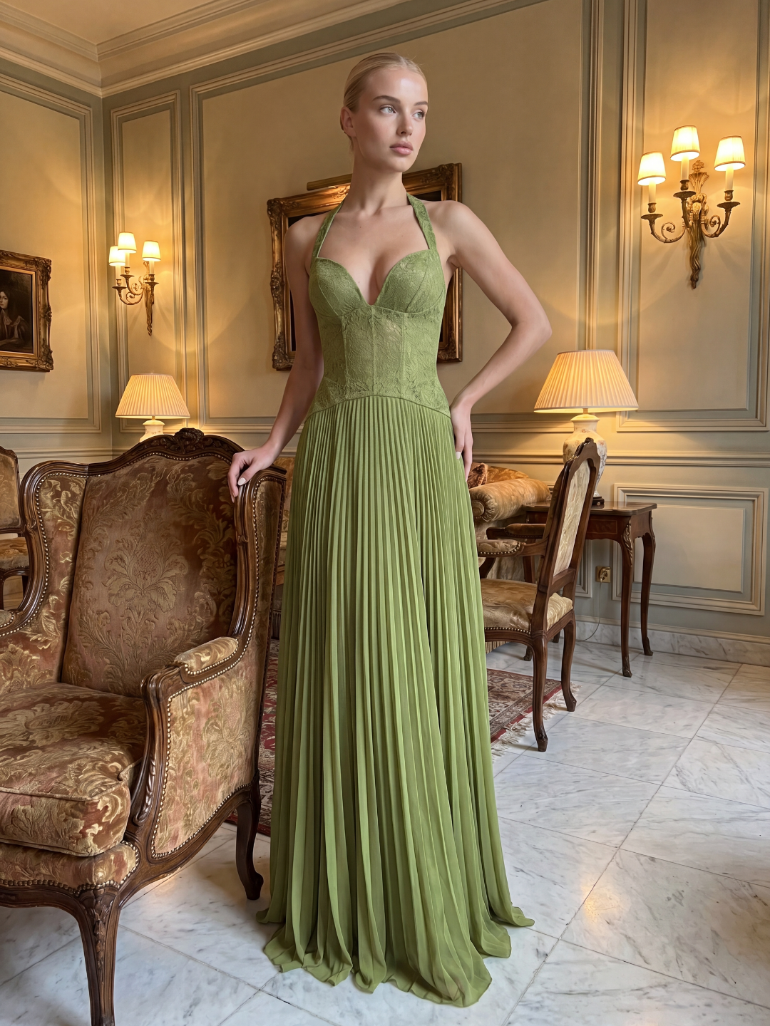 Tamsin halter lace corset pleated maxi dress in Green — front view