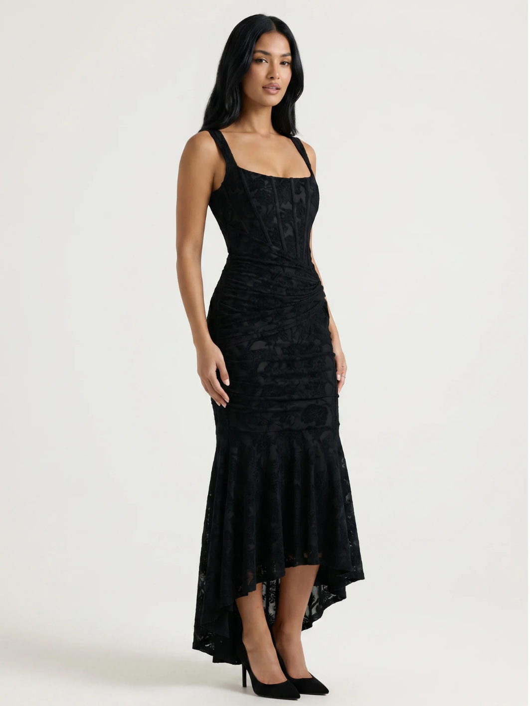 Paige corset bodice ruched high-low midi dress — detail view
