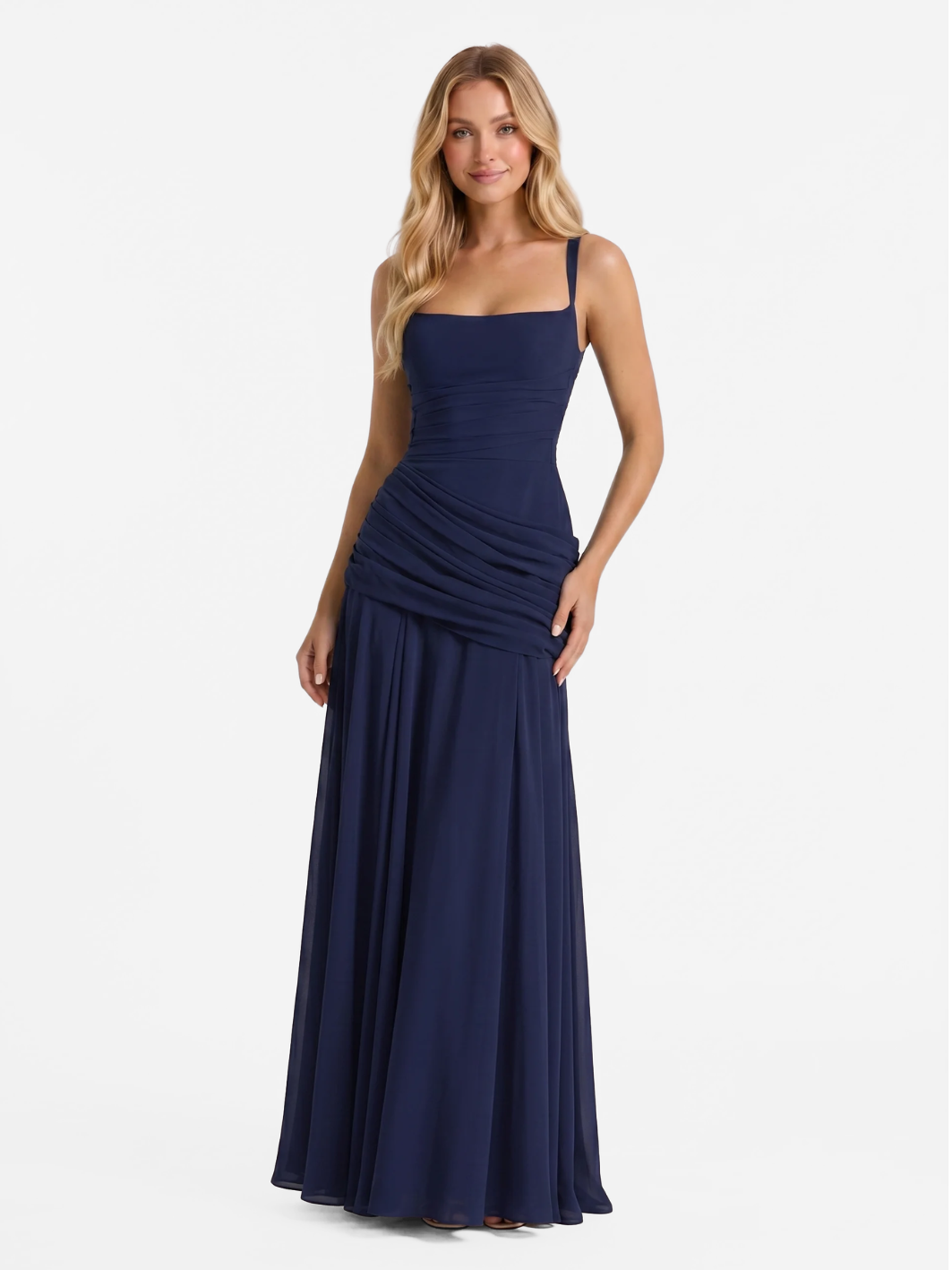 Zara square-neck ruched maxi dress with draped waist — detail view