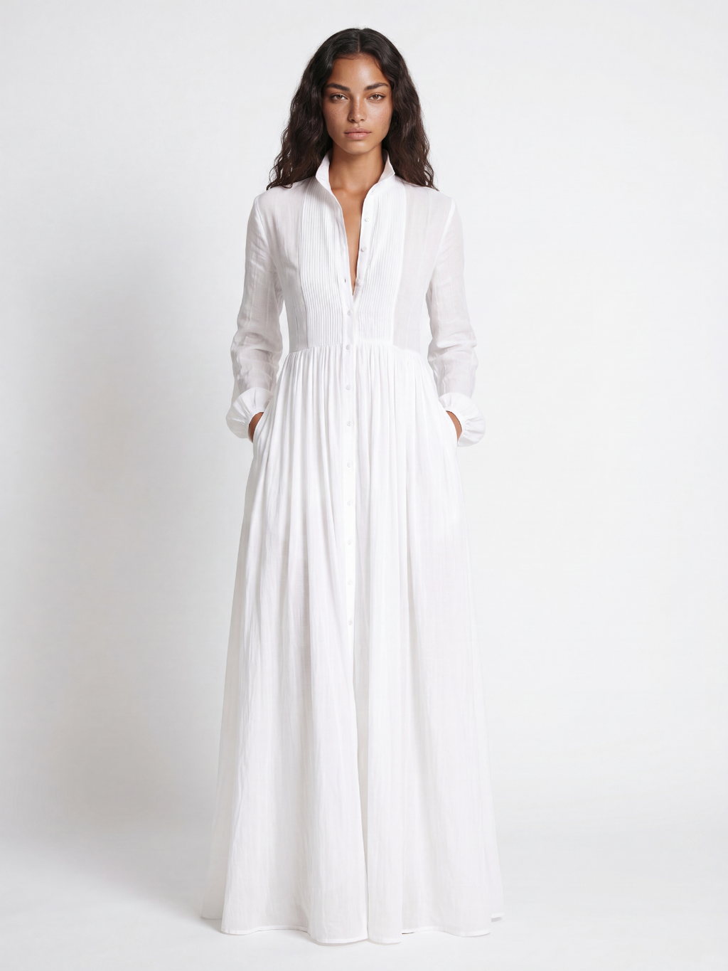 Indie plunge long-sleeve maxi shirt dress in white — front view