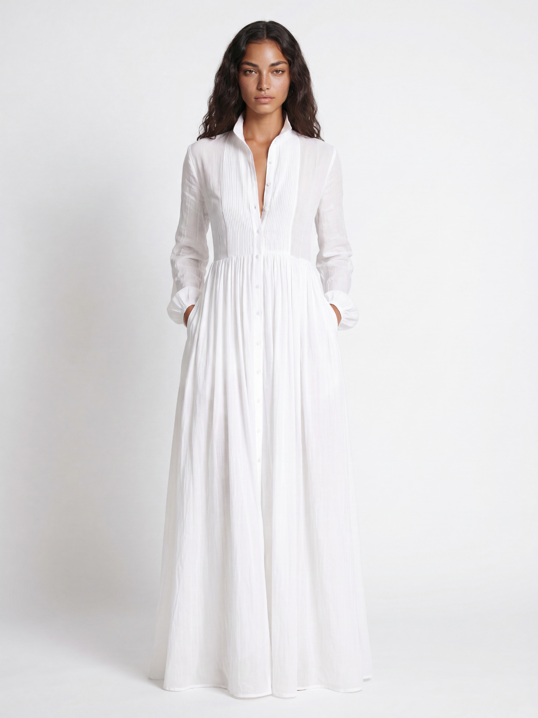 Indie plunge long-sleeve maxi shirt dress in white — front view