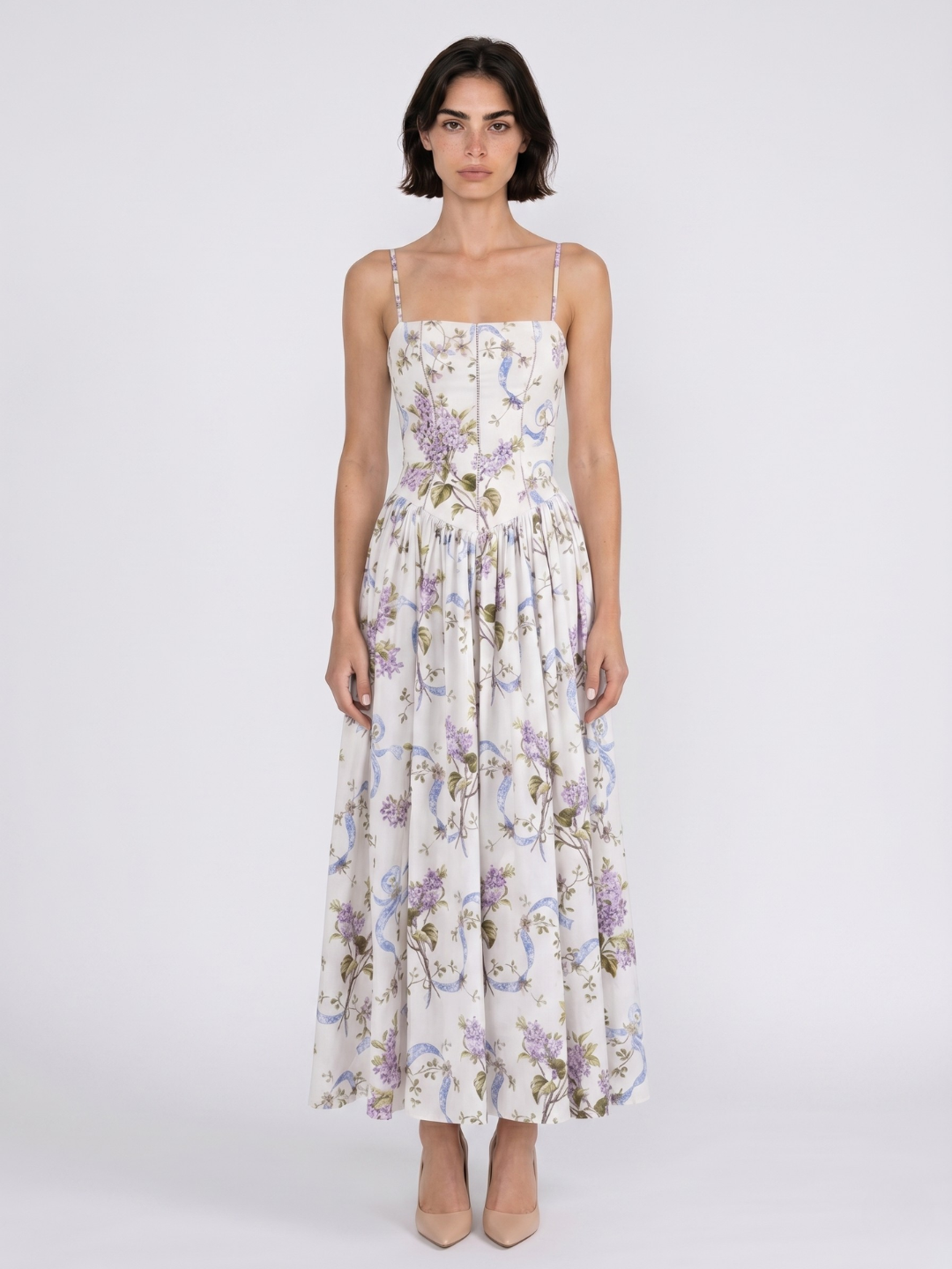 Sage floral spaghetti-strap midi dress with gathered skirt — side view
