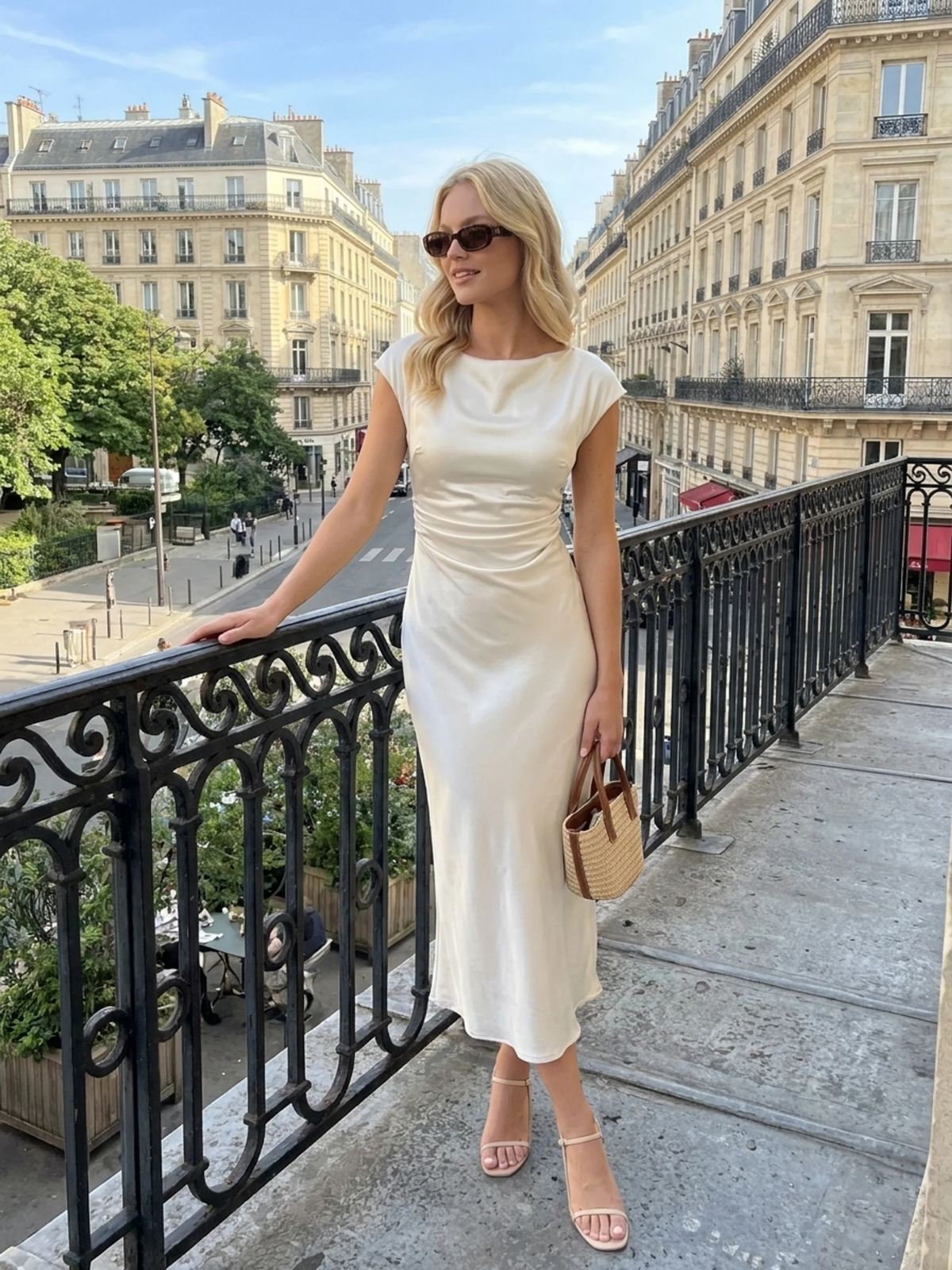 Noa boat-neck cowl-back satin midi dress in white — full-length view