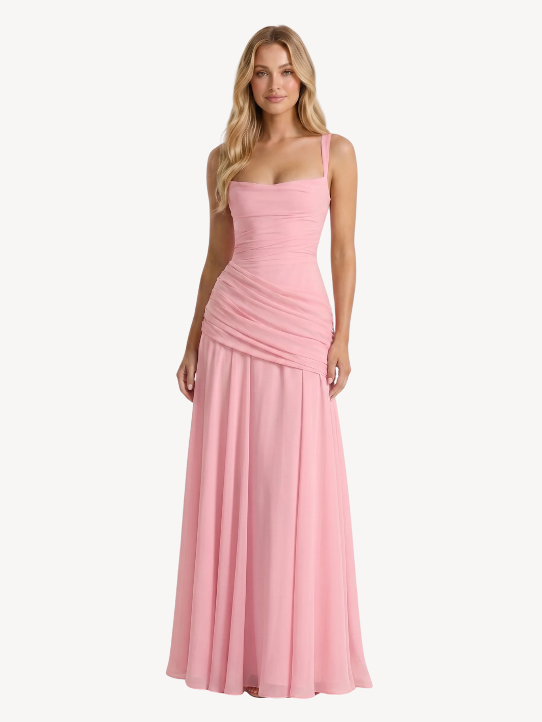 Zara square-neck ruched maxi dress with draped waist — front view