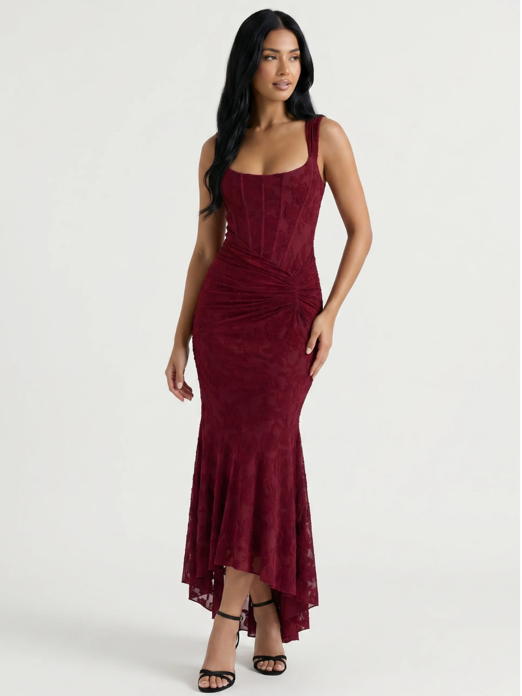 Paige corset bodice ruched high-low midi dress — front view