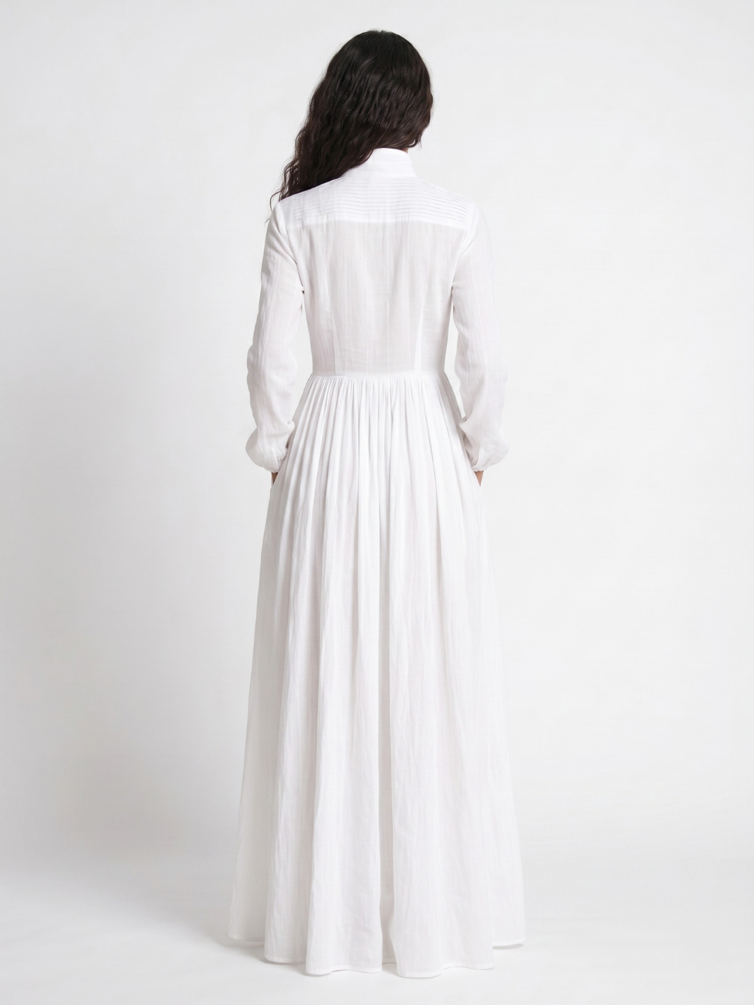 Indie plunge long-sleeve maxi shirt dress in white — back view