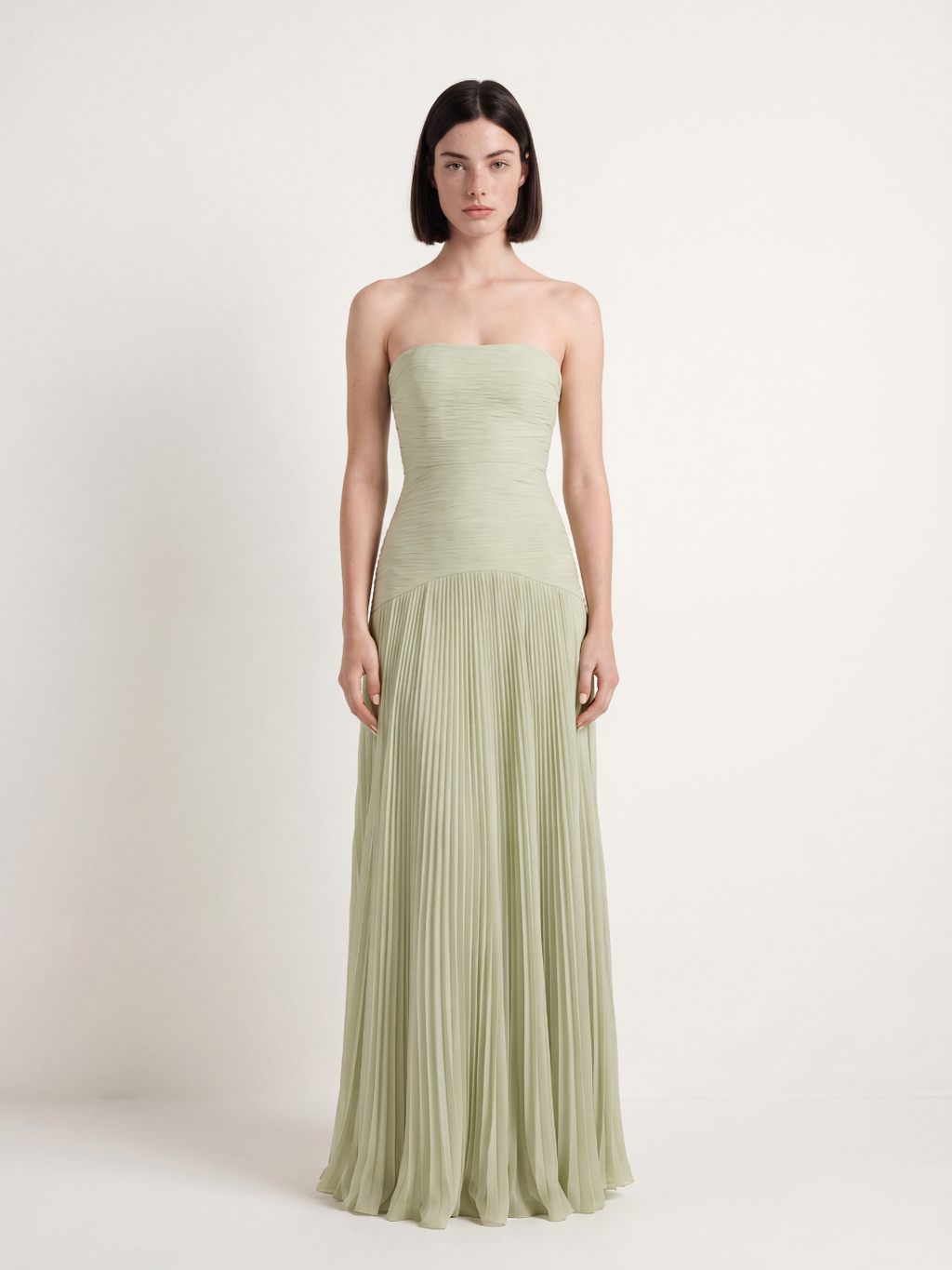 Jade strapless ruched dropped-waist pleated maxi dress in sage green — front view