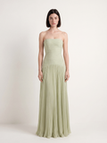 Jade strapless ruched dropped-waist pleated maxi dress in sage green — front view