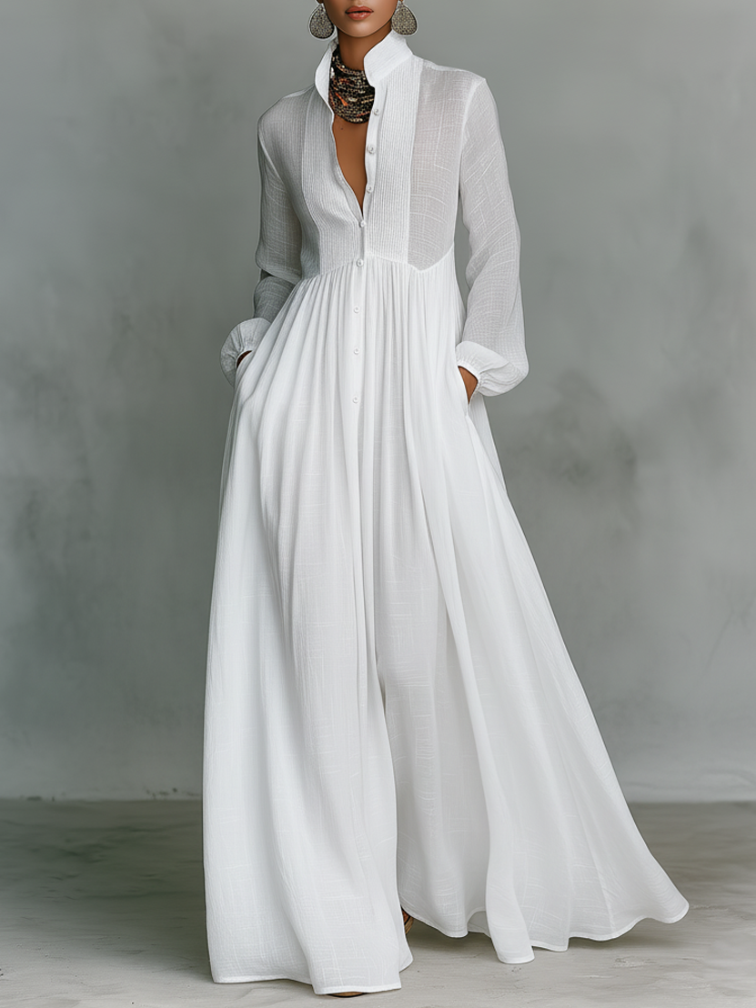 Elsie | Cotton Linen Patchwork Long Sleeve Maxi Shirt Dress