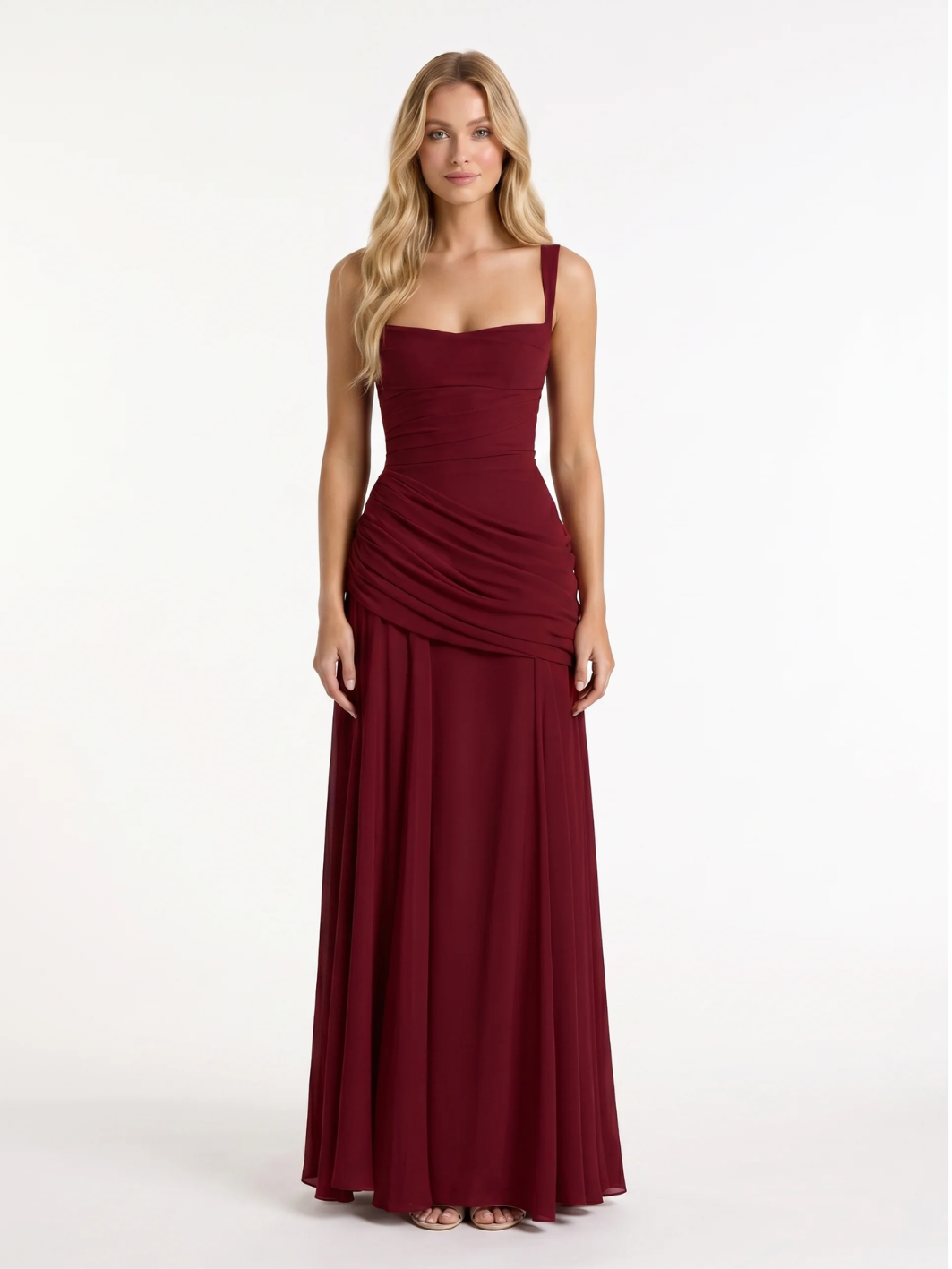 Zara square-neck ruched maxi dress with draped waist — back view