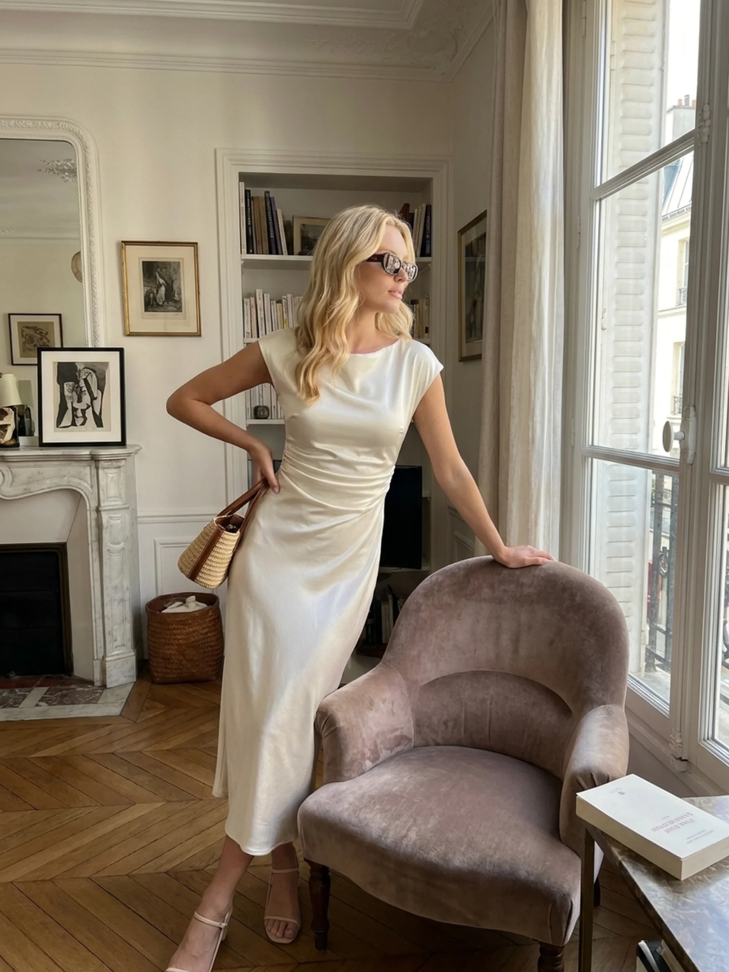 Noa boat-neck cowl-back satin midi dress in white — side view
