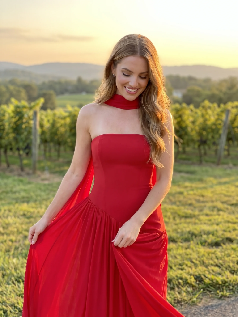 Keira strapless crepe maxi dress with high slit in red — front view styled