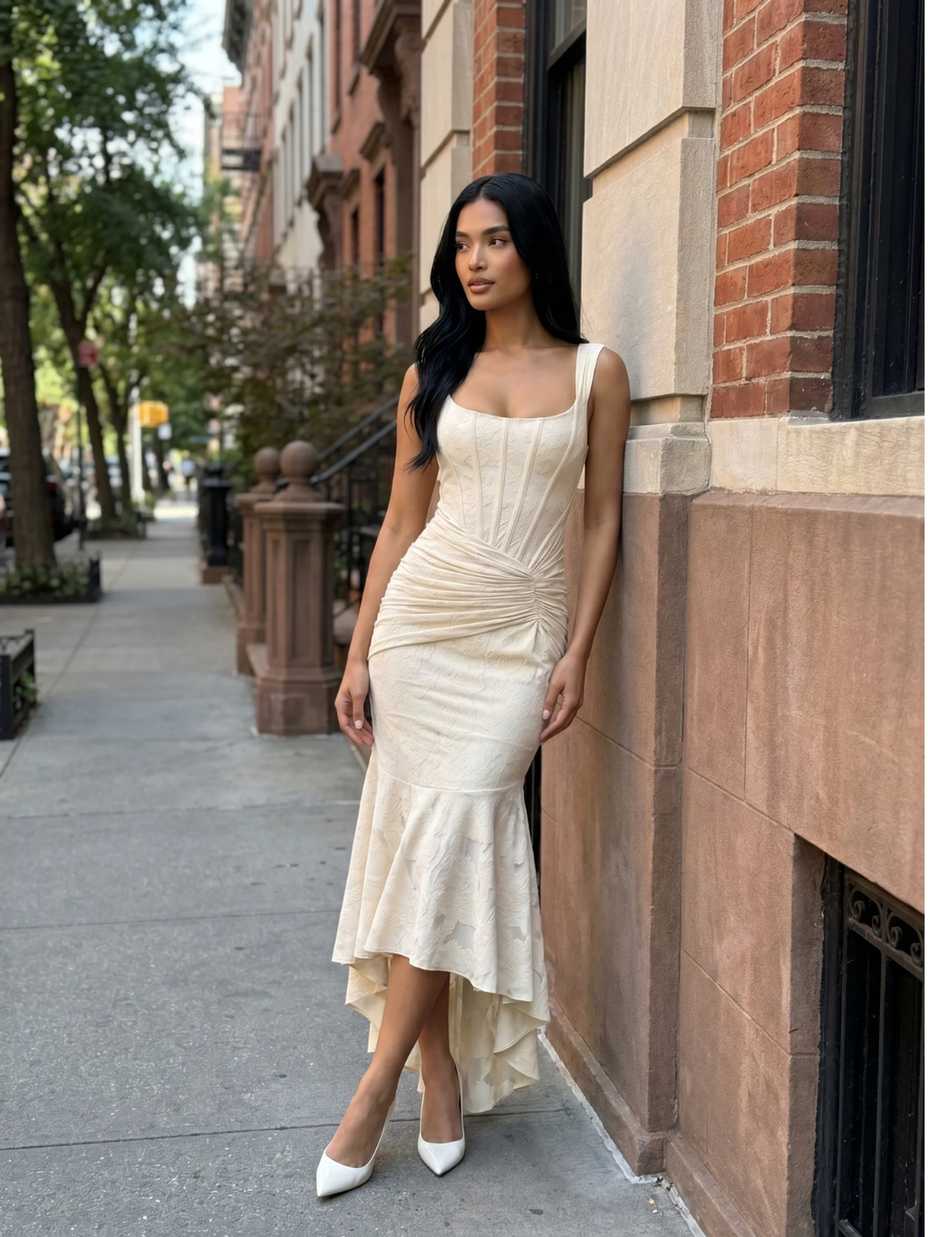 Paige corset bodice ruched high-low midi dress — side view
