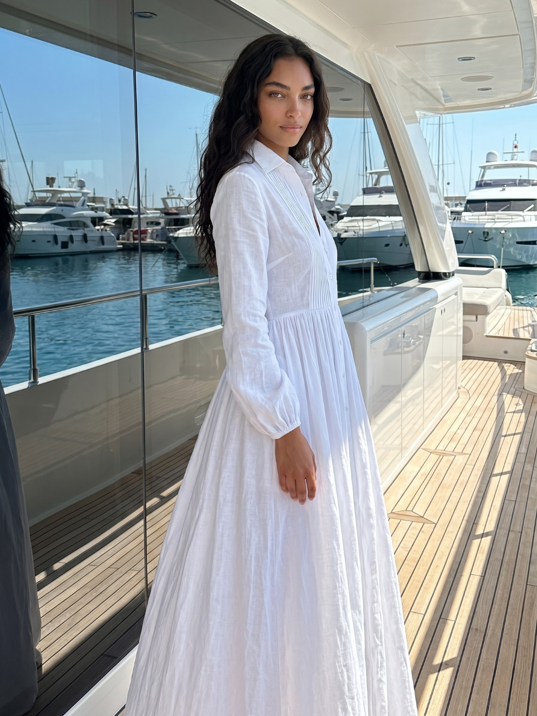 Indie plunge long-sleeve maxi shirt dress in white — side view