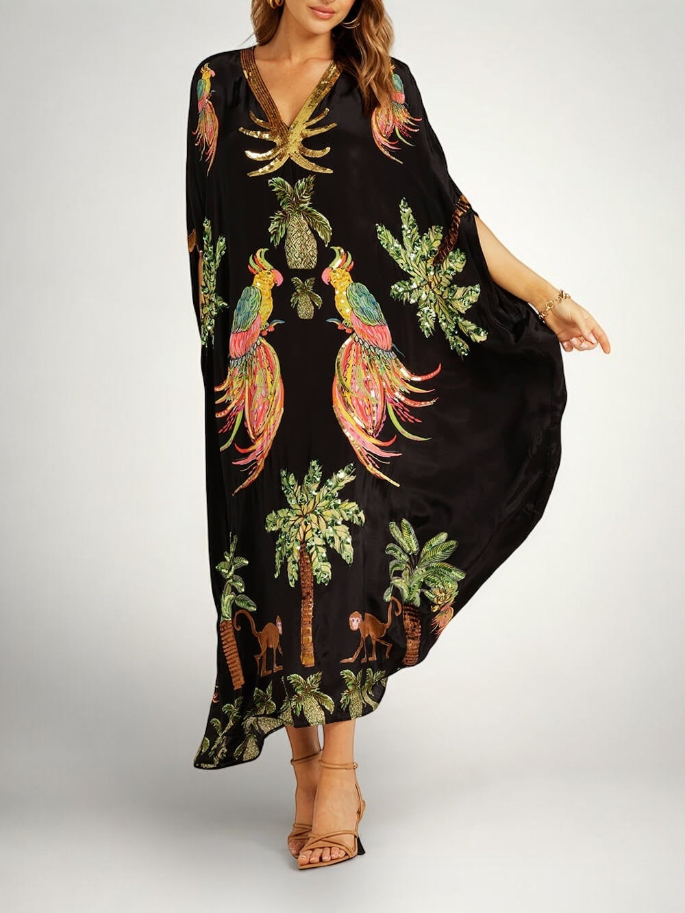 Sahara palm print drop-shoulder kaftan maxi dress — back view