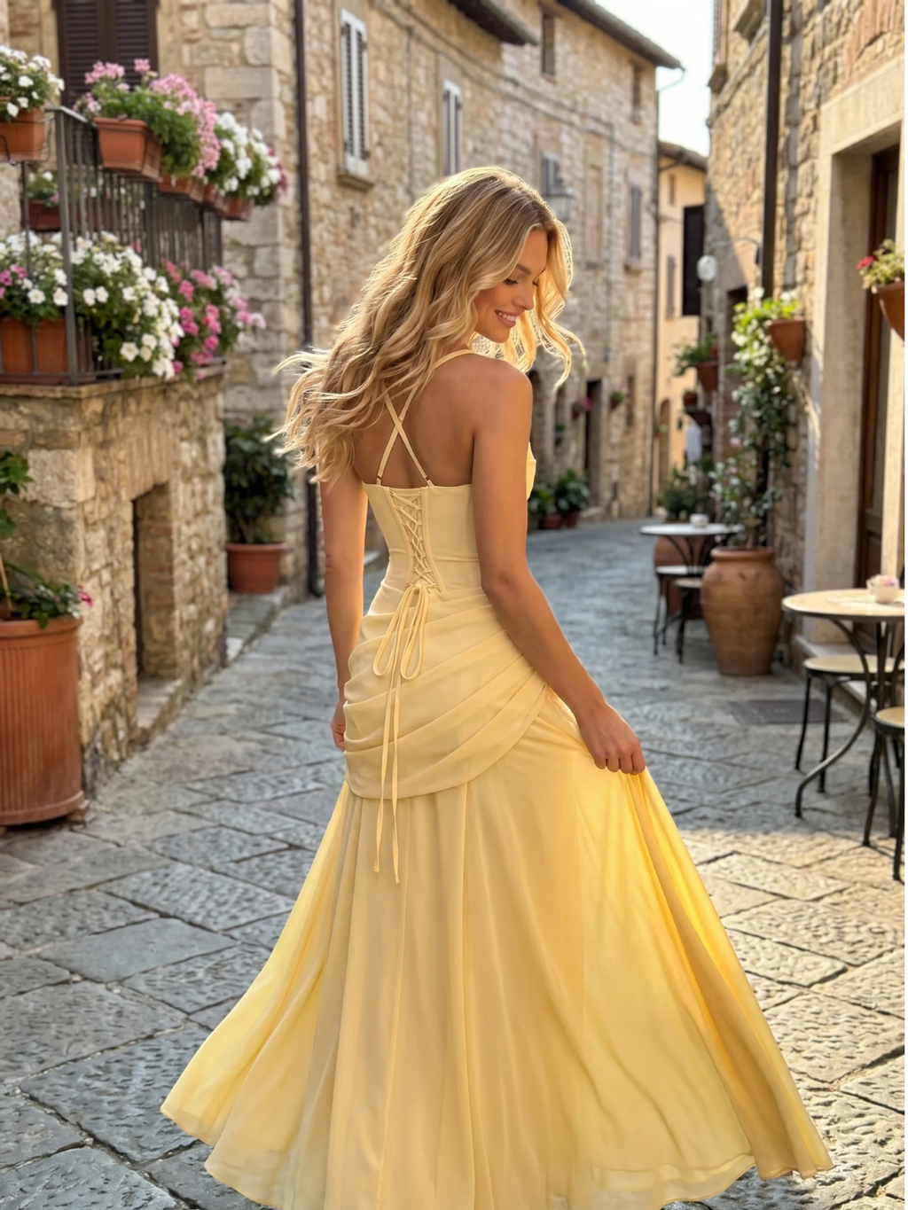 Zara square-neck ruched maxi dress with draped waist — side view