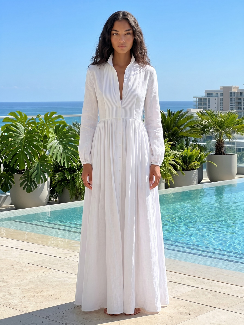 Indie plunge long-sleeve maxi shirt dress in white — detail view