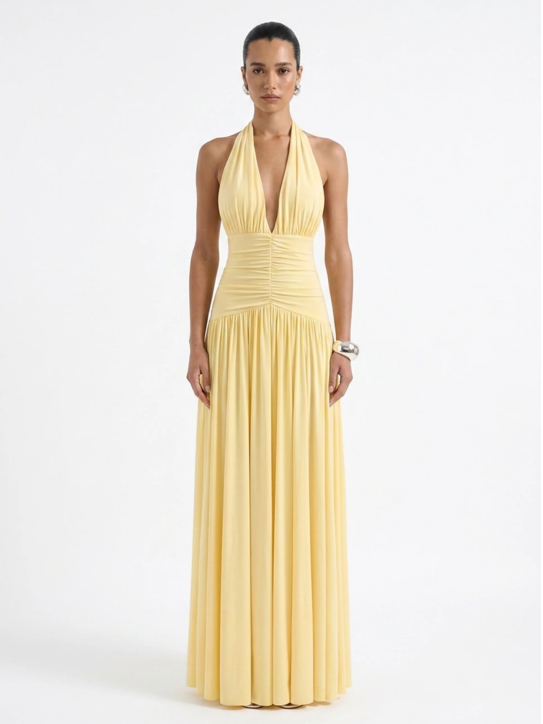 Gia plunge halter maxi dress in light yellow — front view