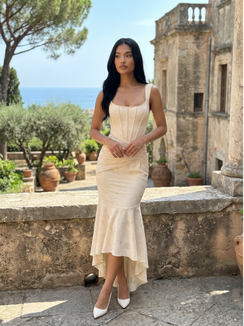 Paige corset bodice ruched high-low midi dress — detail view