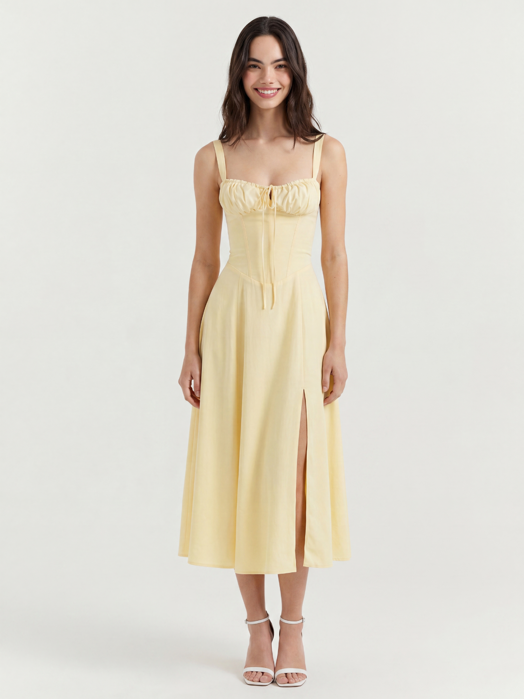 Sadie corset midi dress with side split in light yellow — front view