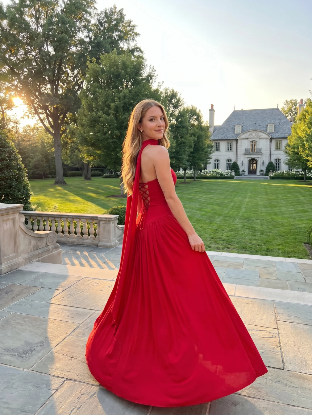 Keira strapless crepe maxi dress with high slit in red — back view