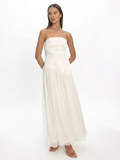 Arlo strapless asymmetric drop-waist maxi dress in white — front view