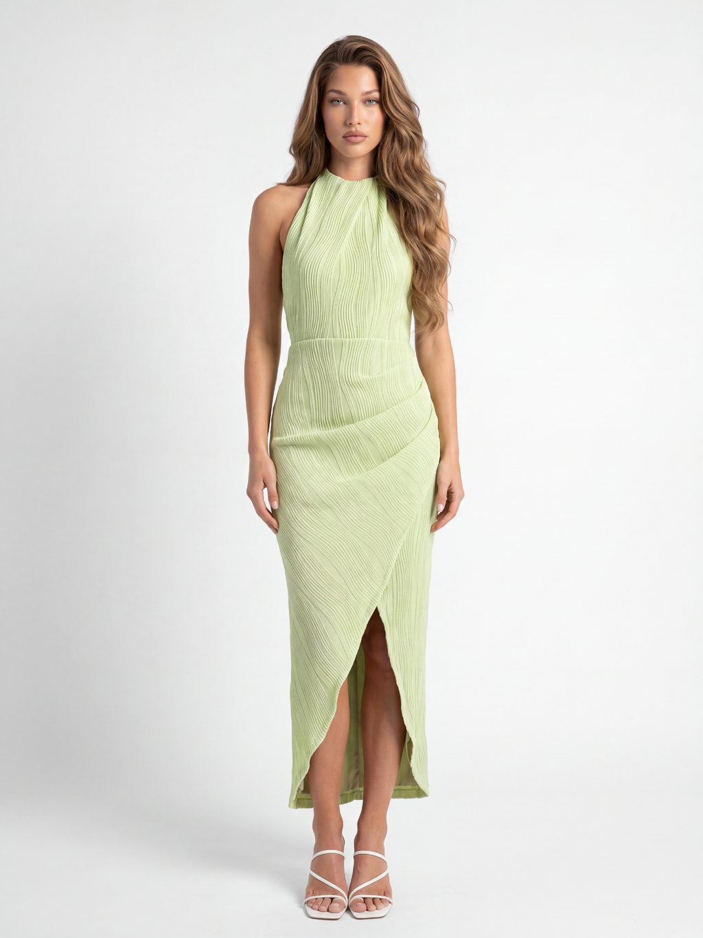 Faye pleated asymmetric wrap maxi dress in light green — front view