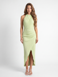 Faye pleated asymmetric wrap maxi dress in light green — front view