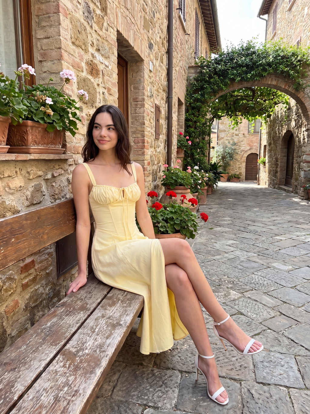 Sadie corset midi dress with side split in light yellow — back view