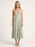Nova strapless corset-bodice midi dress with full skirt in Light Green — front view
