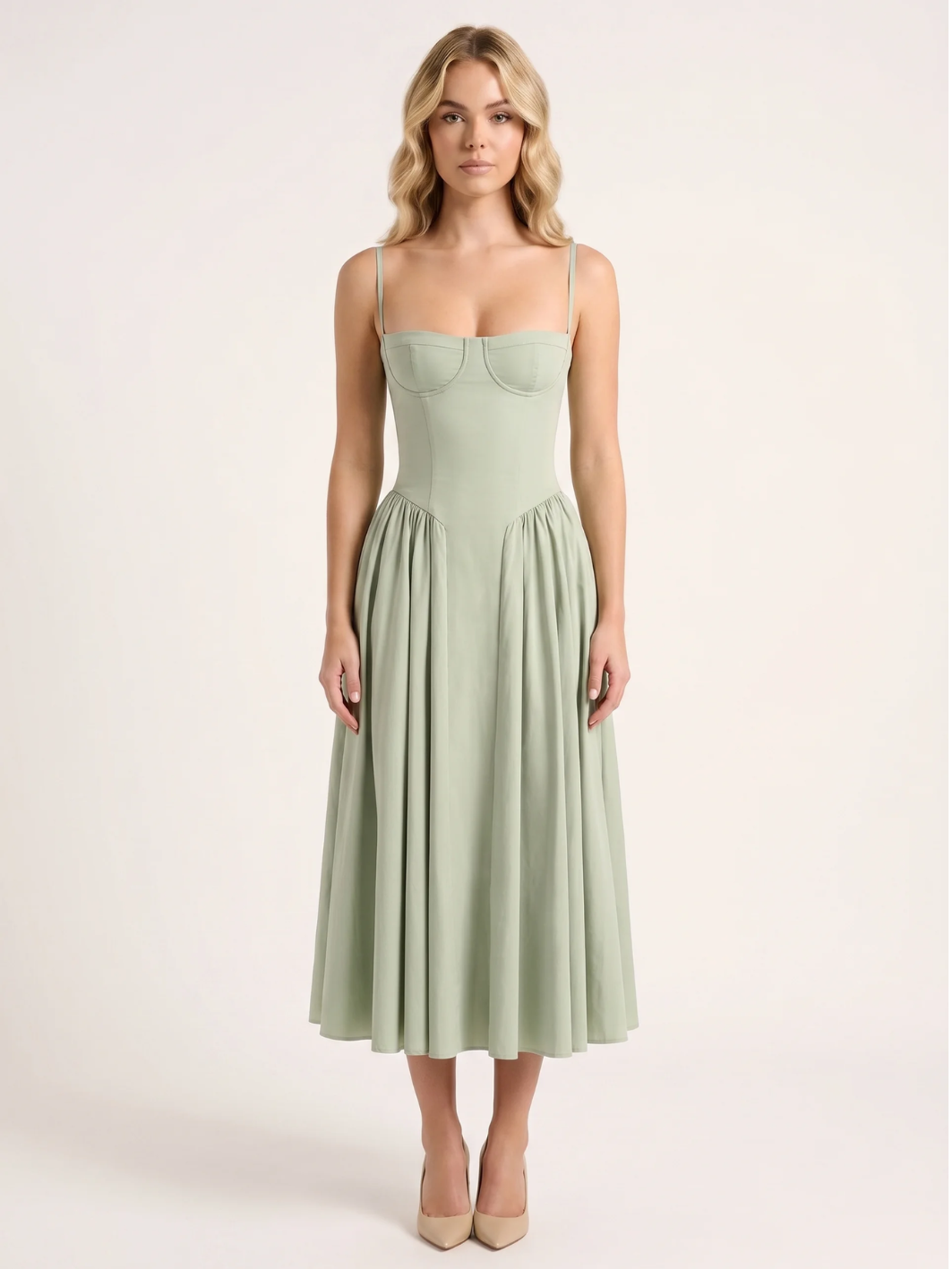 Nova strapless corset-bodice midi dress with full skirt in Light Green — front view