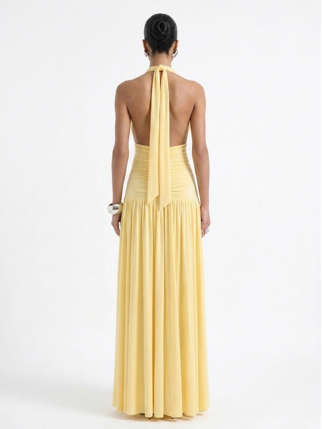 Gia plunge halter maxi dress in light yellow — back view