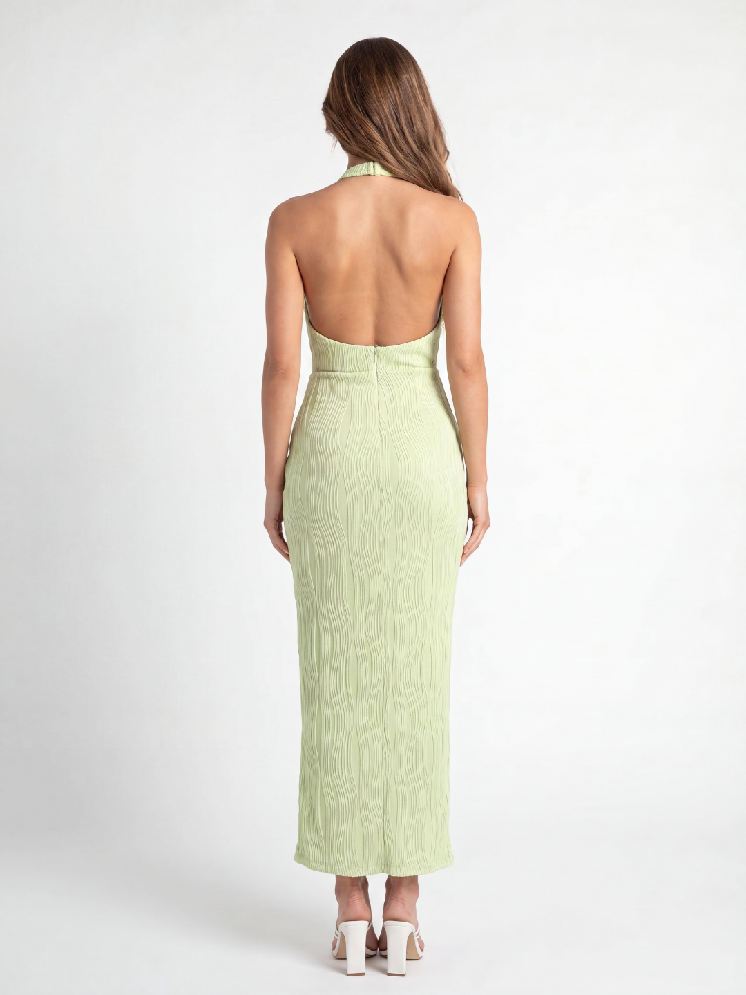 Faye pleated asymmetric wrap maxi dress in light green — back view