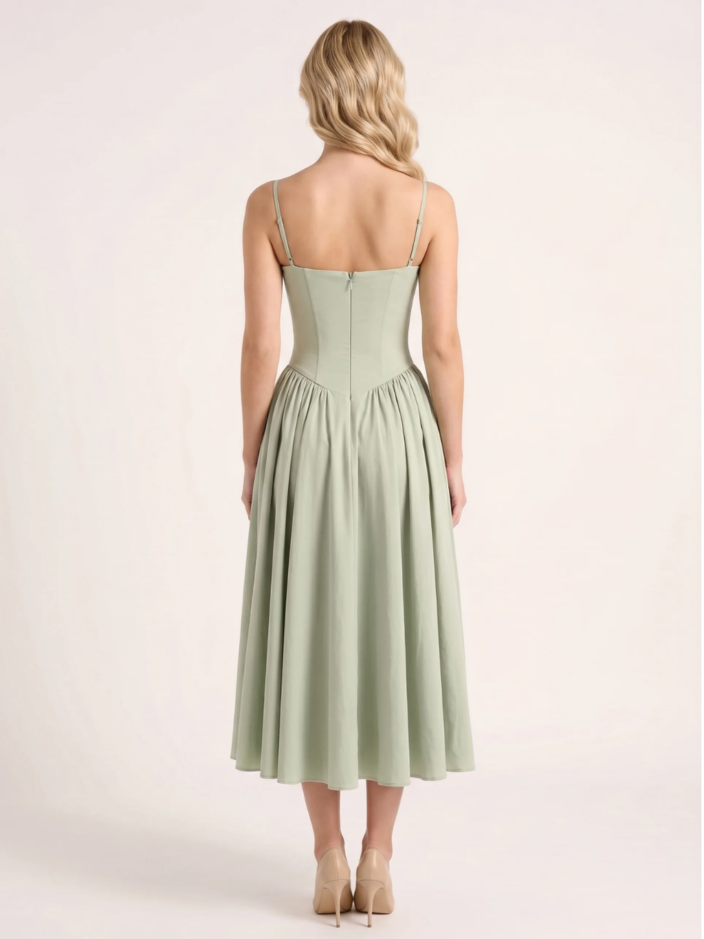 Nova strapless corset-bodice midi dress with full skirt in Light Green — back view