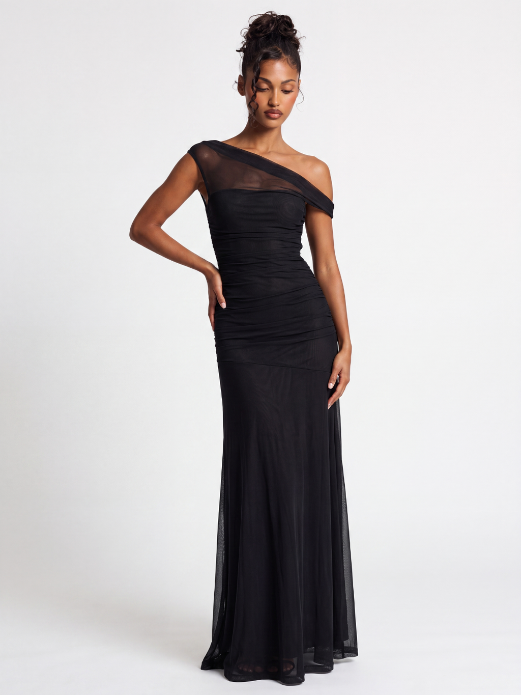 Billie asymmetric off-shoulder ruched mesh maxi gown — front view