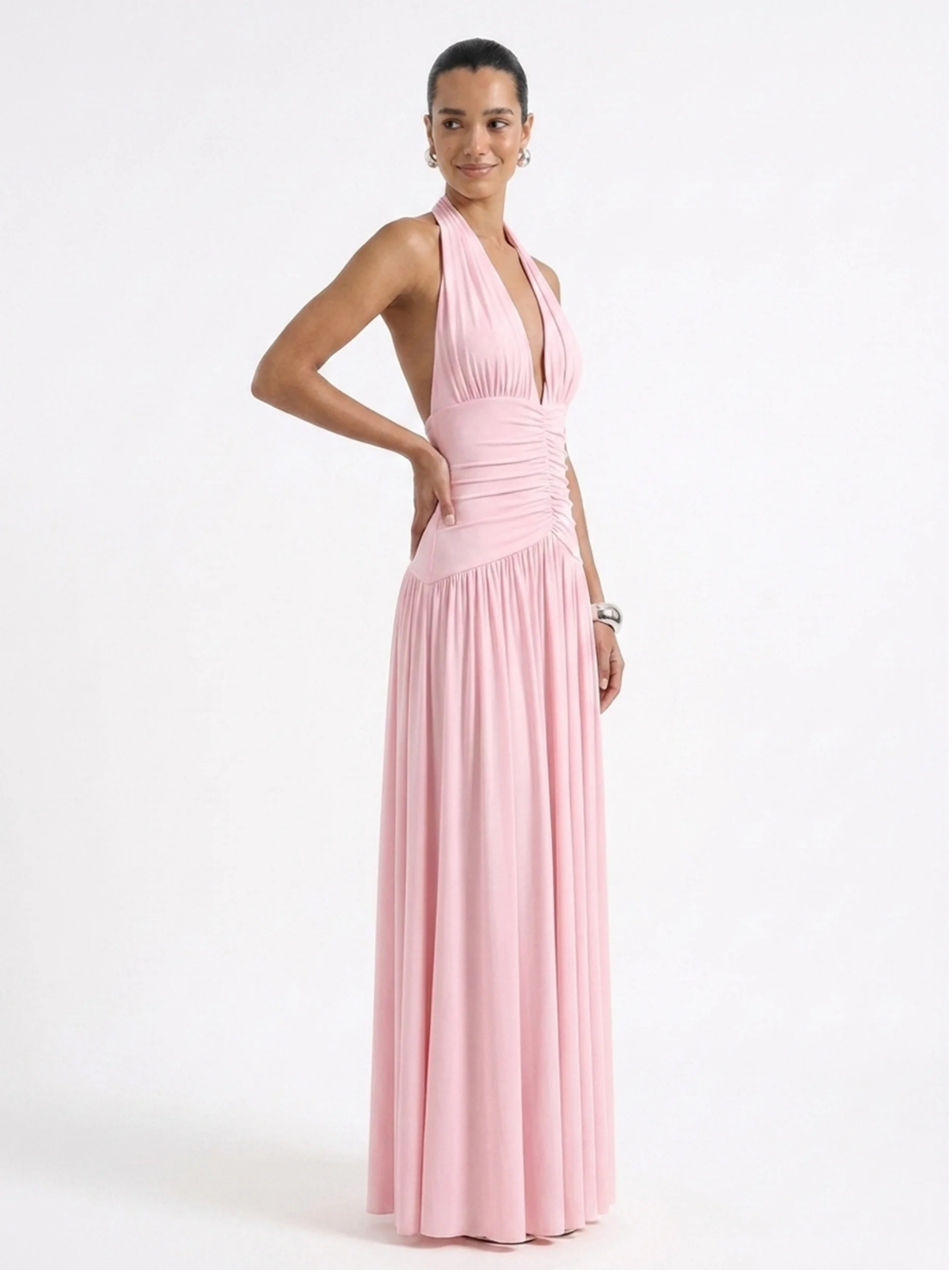 Gia plunge halter maxi dress in pink — back view