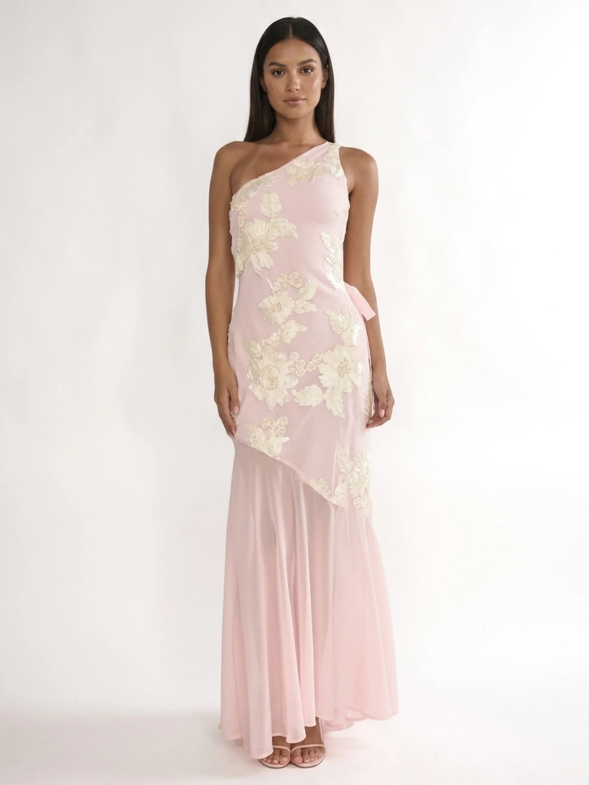 Lila one-shoulder floral applique sheer-hem maxi dress in Pink — front view