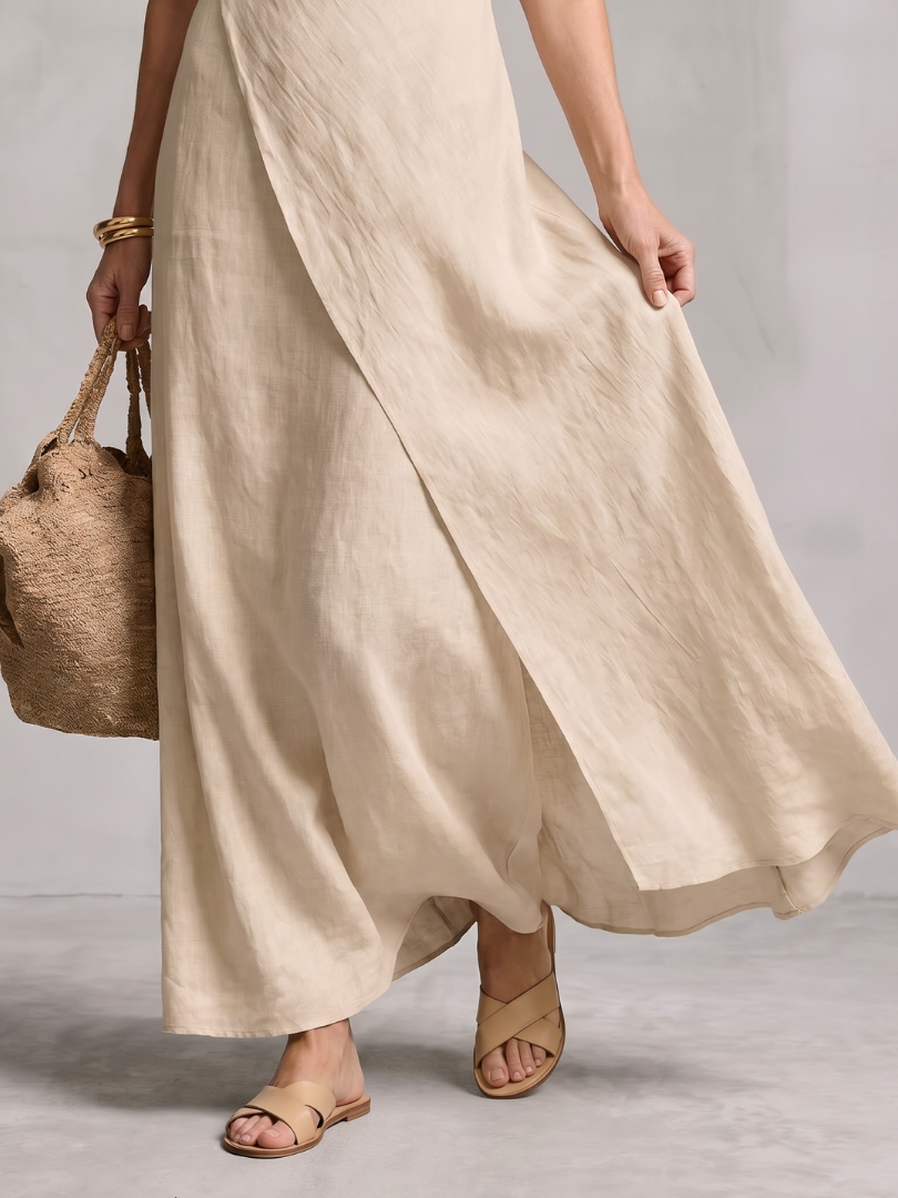 Hyacinth asymmetric wrap-panel high-neck maxi dress — side view
