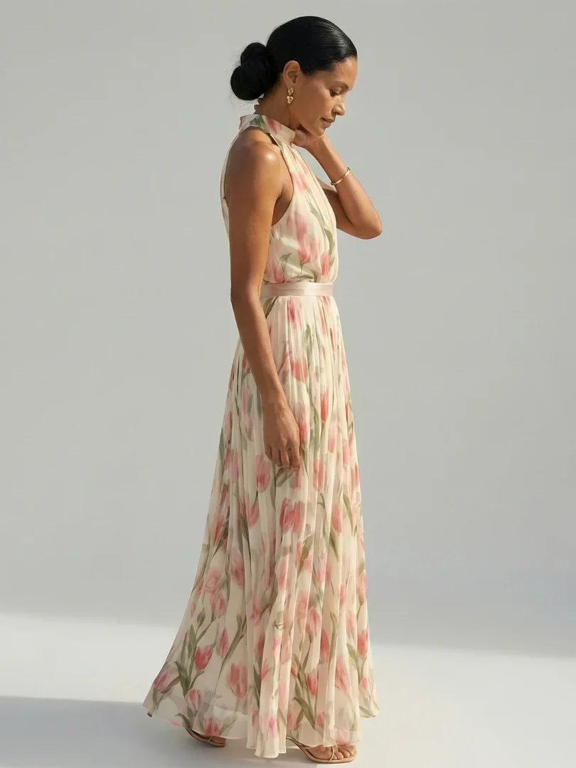 Aurelle floral pleated halterneck maxi dress — back view