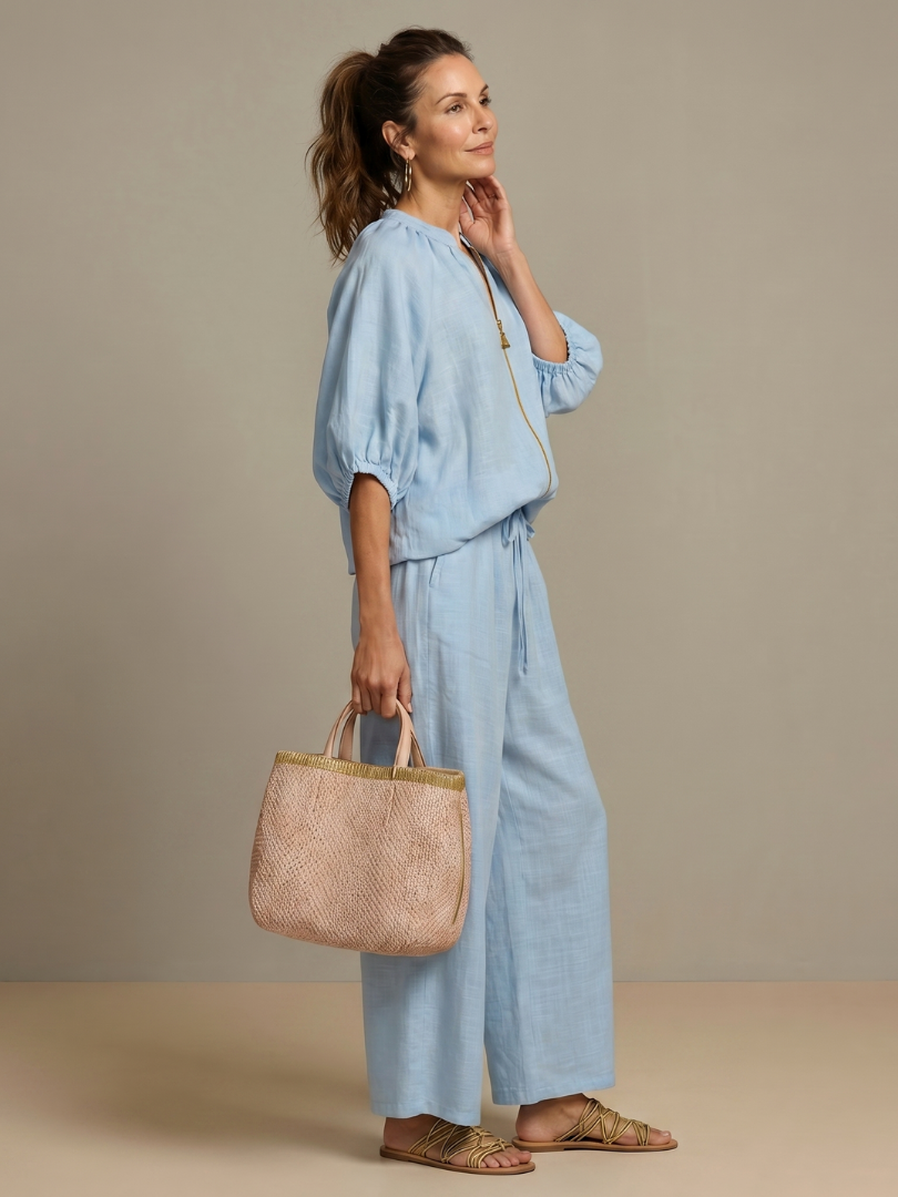 Natalia zip-front blouson top and wide-leg trouser two-piece set — back view