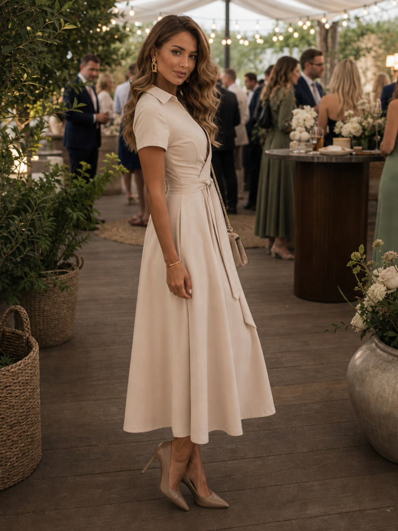 Eleq collared wrap midi dress with full circle skirt — back view