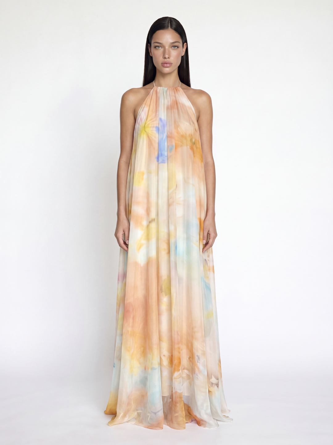 Delphi printed halter backless maxi dress in orange — front view