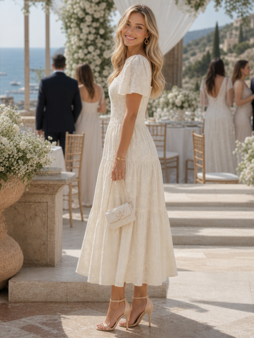 Elaria textured floral square-neck tiered midi dress — back view