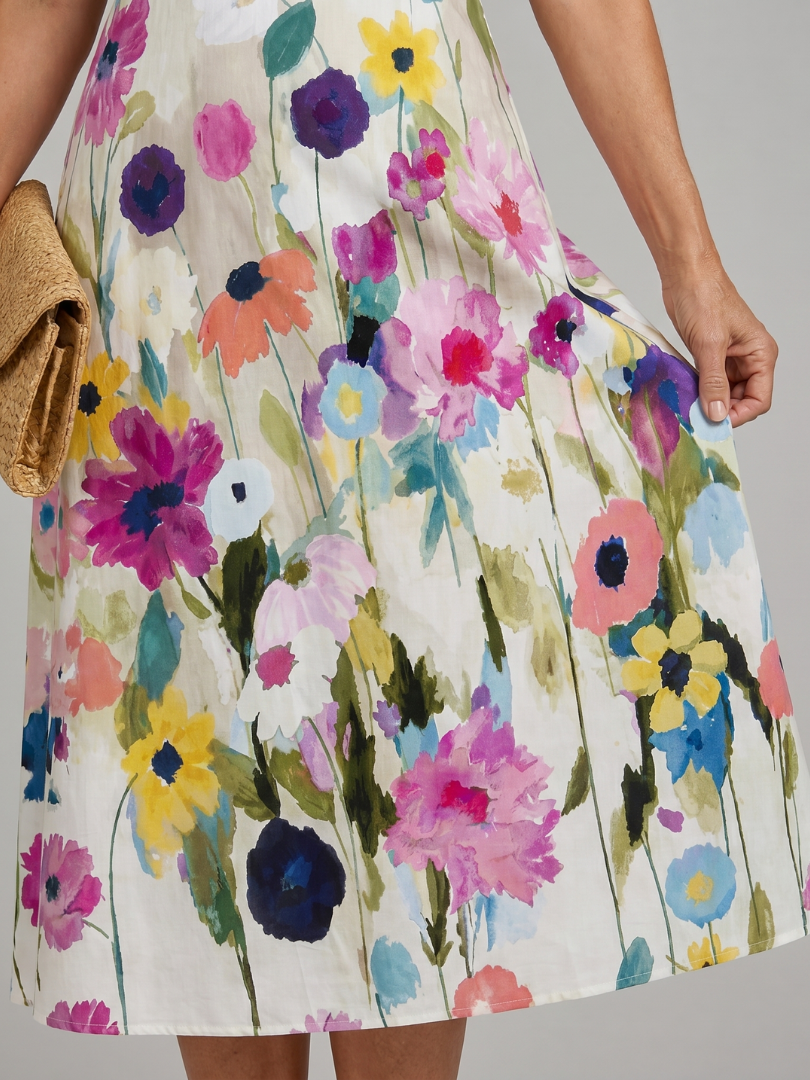 Flory watercolour floral pleated midi dress — side view